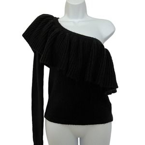 🌵 NWOT Forever 21 One Shoulder Black Fuzzy Ruffled Off Shoulder Sweater - Medium